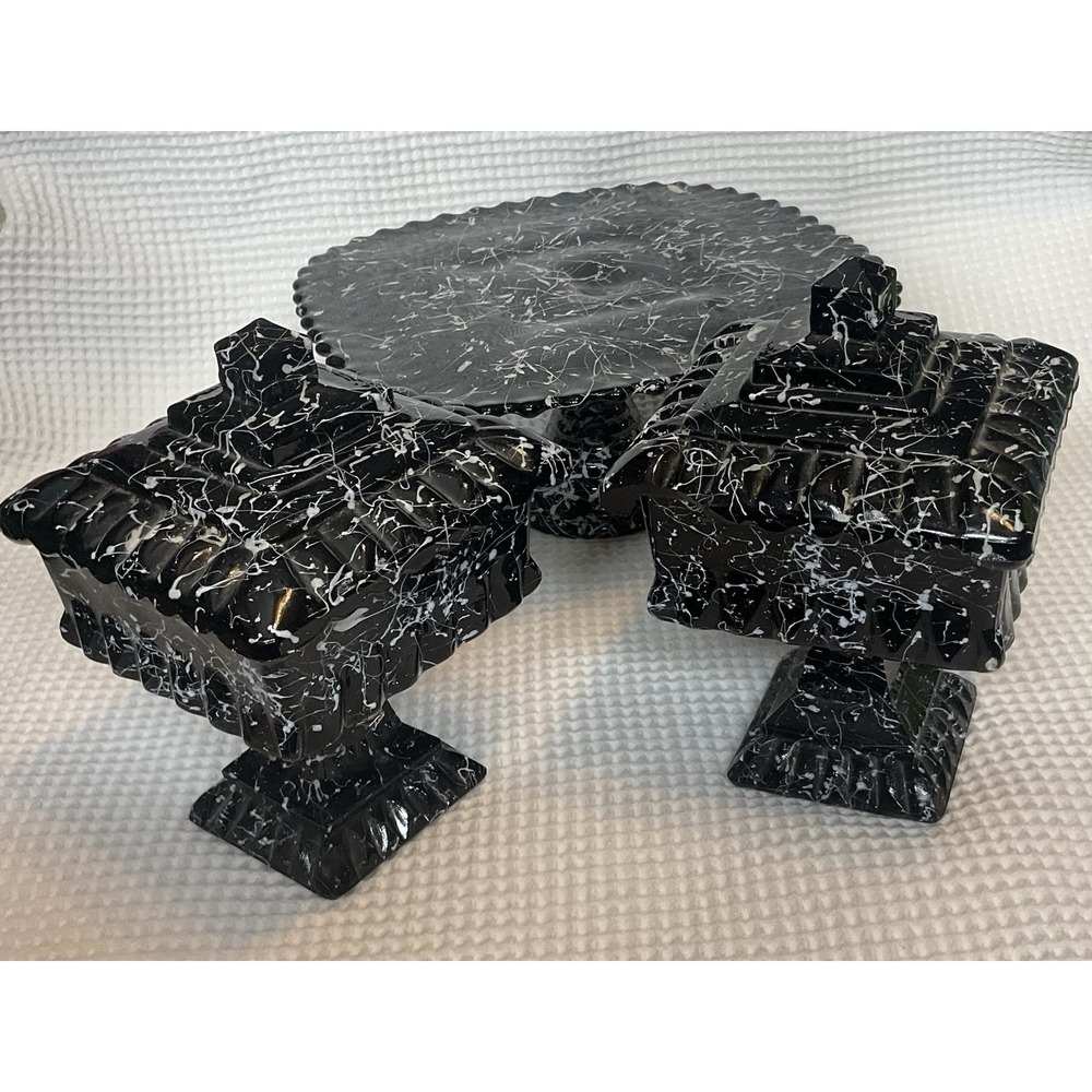 Vtg LE Smith Black Confetti Ware Glass Cake Stand & 2 Covered Candy Dishes Set